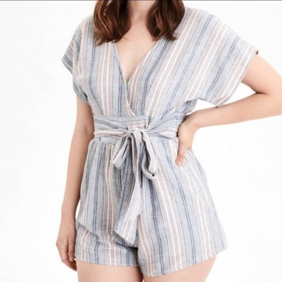 American Eagle Linen Blend Striped Keyhole Back Tie Waist Romper - Picture 1 of 8